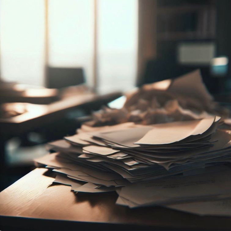 Ein Stapel Papierblätter liegt auf einem Schreibtisch in einem Büro