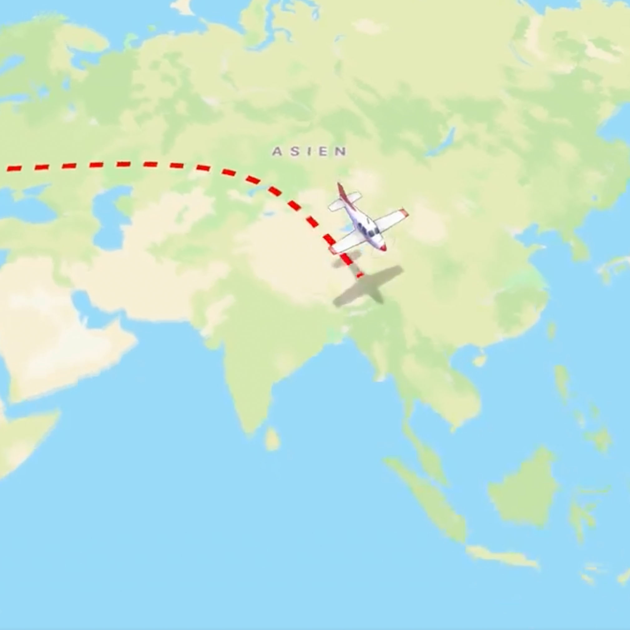 Grafische Karte von Asien mit einem gemalten Flugzeug welches auf einer gestrichelten Linie fliegt