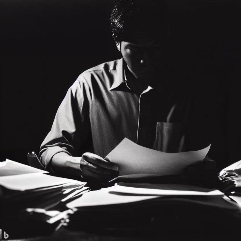 Ein Mann sitzt an einem Schreibtisch mit einem Blatt Papier in der Hand und liest